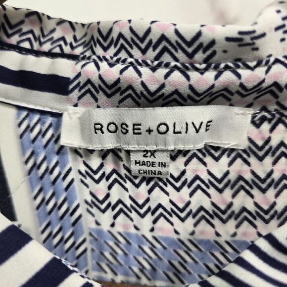 Rose And Olive Top Womens 2X Blue White Blouse Button Up Striped Patchwork - Picture 3 of 12